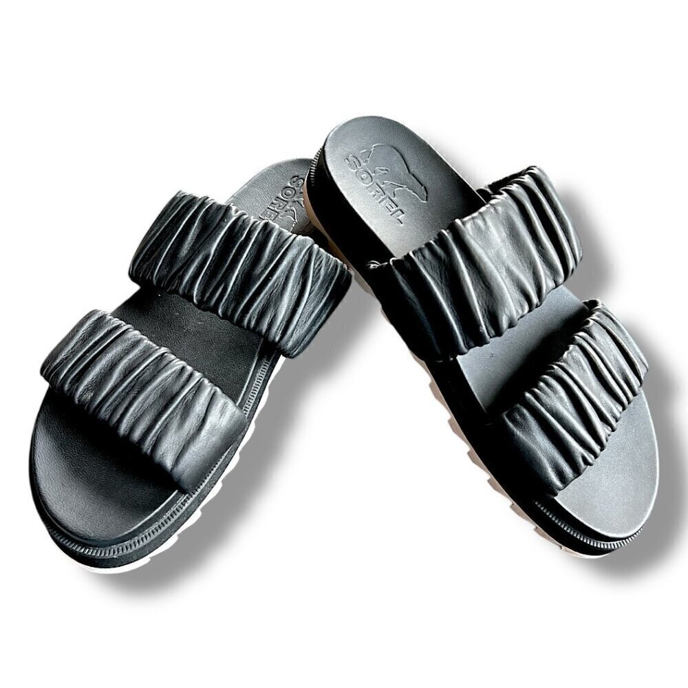 SOREL Roaming Two Strap Black Leather Sporty Comfy Slip On Slide Lug Sole Size 7